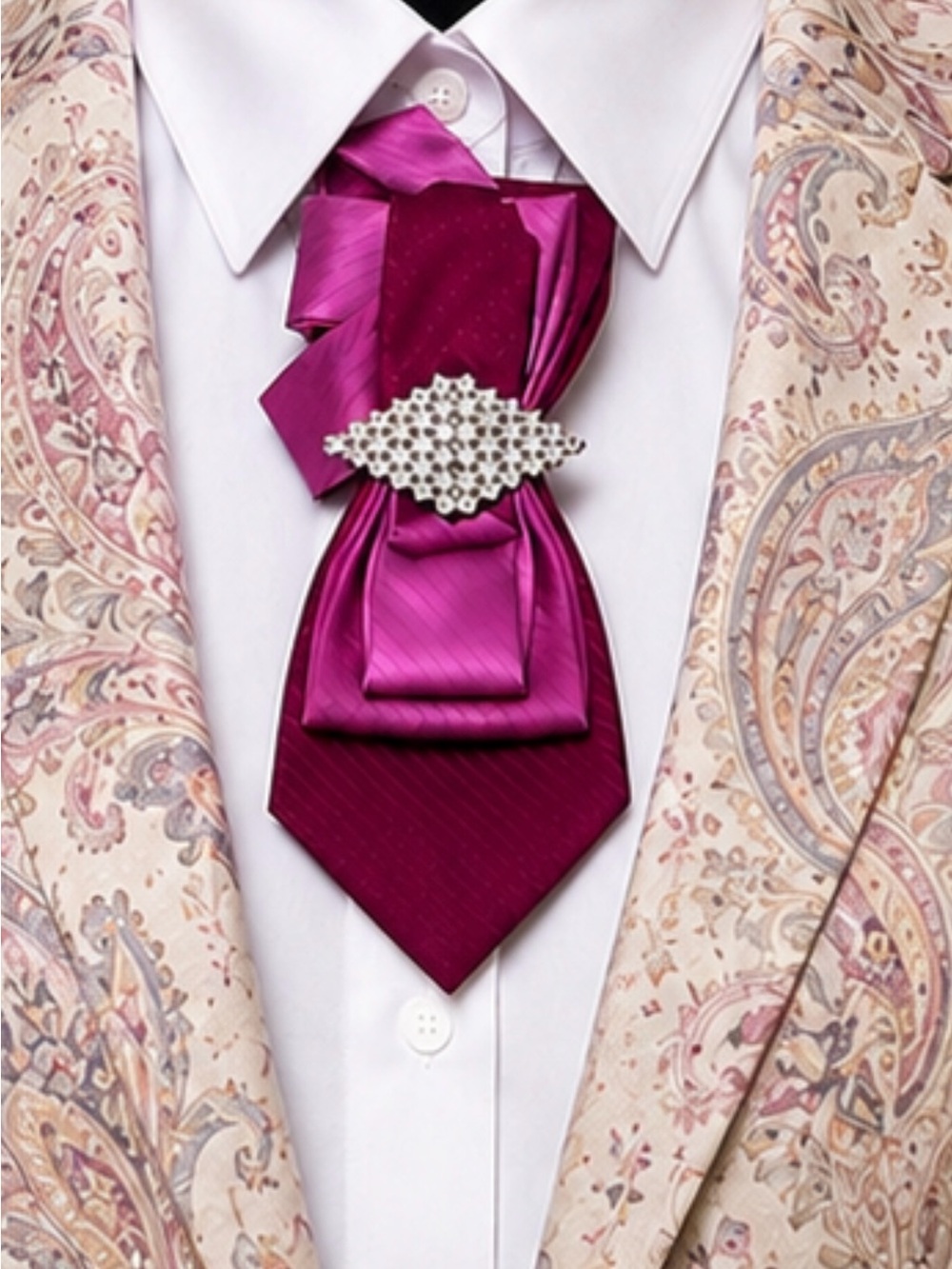 OOAK Necktie Necklace Variegated Pink with Rhinestone Brooch Adj Silver Chain